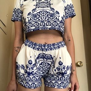 Blue and white shirt, short set
